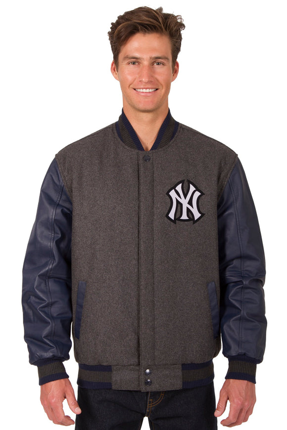 Men's JH Design Charcoal/Navy New York Yankees Wool & Leather Reversible Jacket Size: 4XL