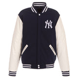 New York Yankees - JH Design Reversible Fleece Jacket with Faux Leather Sleeves - Navy/White - JH Design