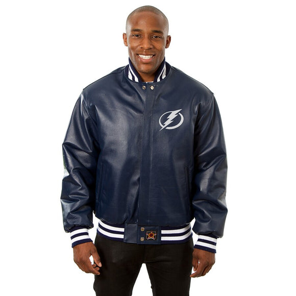 Tampa Bay Lightning Full Leather Jacket - Navy - JH Design