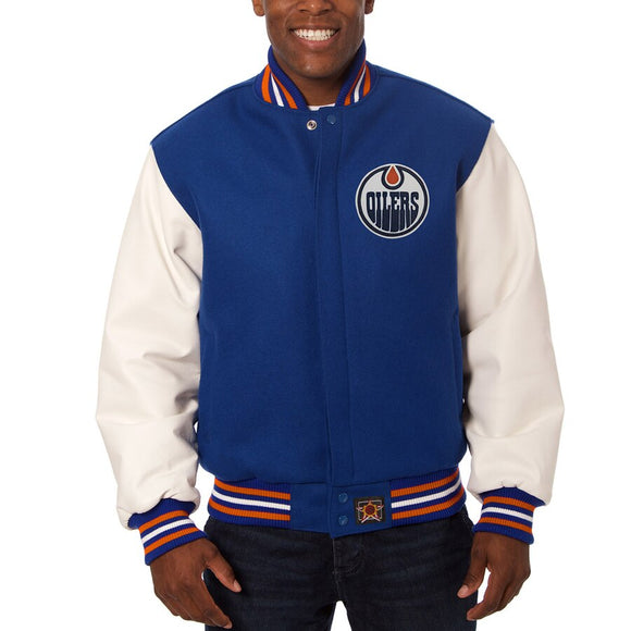Edmonton Oilers Two-Tone Wool and Leather Jacket - Royal - JH Design