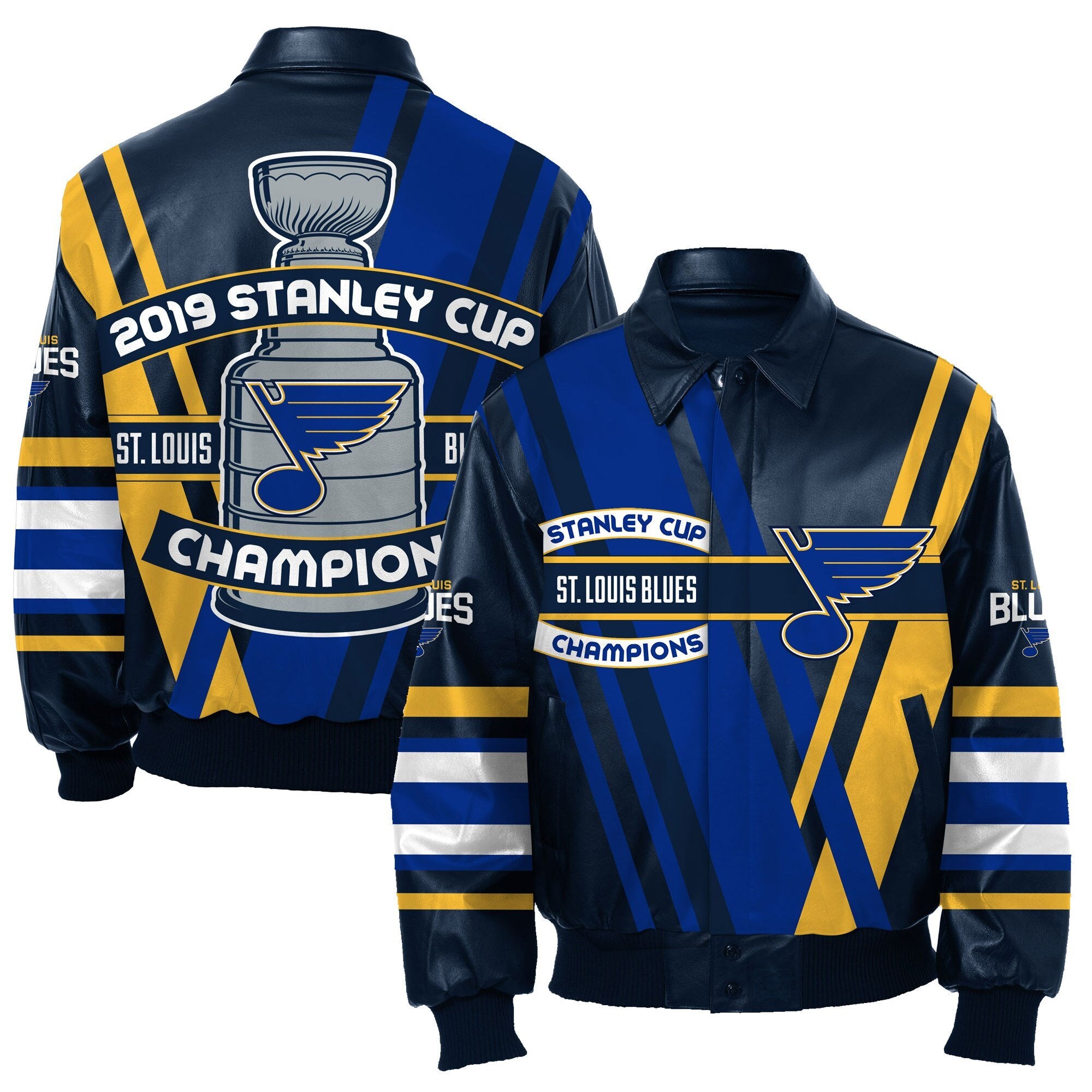 J.H. Sports Jackets St. Louis Blues JH Design 2019 Stanley Cup Champions Lambskin Leather Jacket - Navy 4X-Large