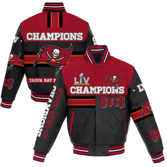 Tampa Bay Buccaneers Super Bowl LV Champions All-Leather Full-Snap Jacket - Black - J.H. Sports Jackets