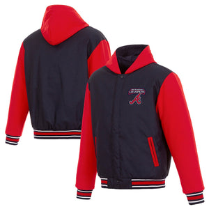 Atlanta Braves JH Design 2021 World Series Champions Reversible Fleece Hooded Full-Snap Jacket - Navy/Red - J.H. Sports Jackets