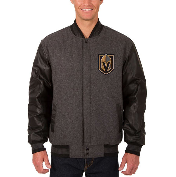 Vegas Golden Knights Wool & Leather Reversible Jacket w/ Embroidered Logos - Charcoal/Black - J.H. Sports Jackets