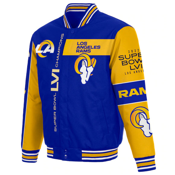 Los Angeles Rams JH Design Super Bowl LVI Champions Poly-Twill Full-Snap Embroidered Jacket - Royal - J.H. Sports Jackets
