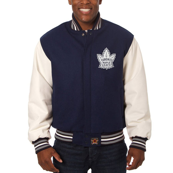 Toronto Maple Leafs Two-Tone Wool and Leather Jacket - Alternate Logo - Navy - JH Design