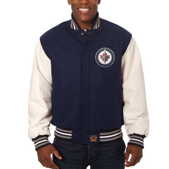 Winnipeg Jets Two-Tone Wool and Leather Jacket - Navy - JH Design