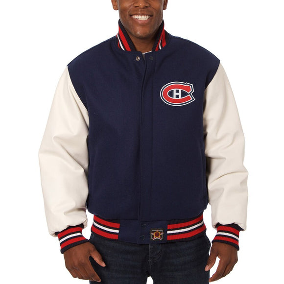 Montreal Canadiens Two-Tone Wool and Leather Jacket - Navy - JH Design