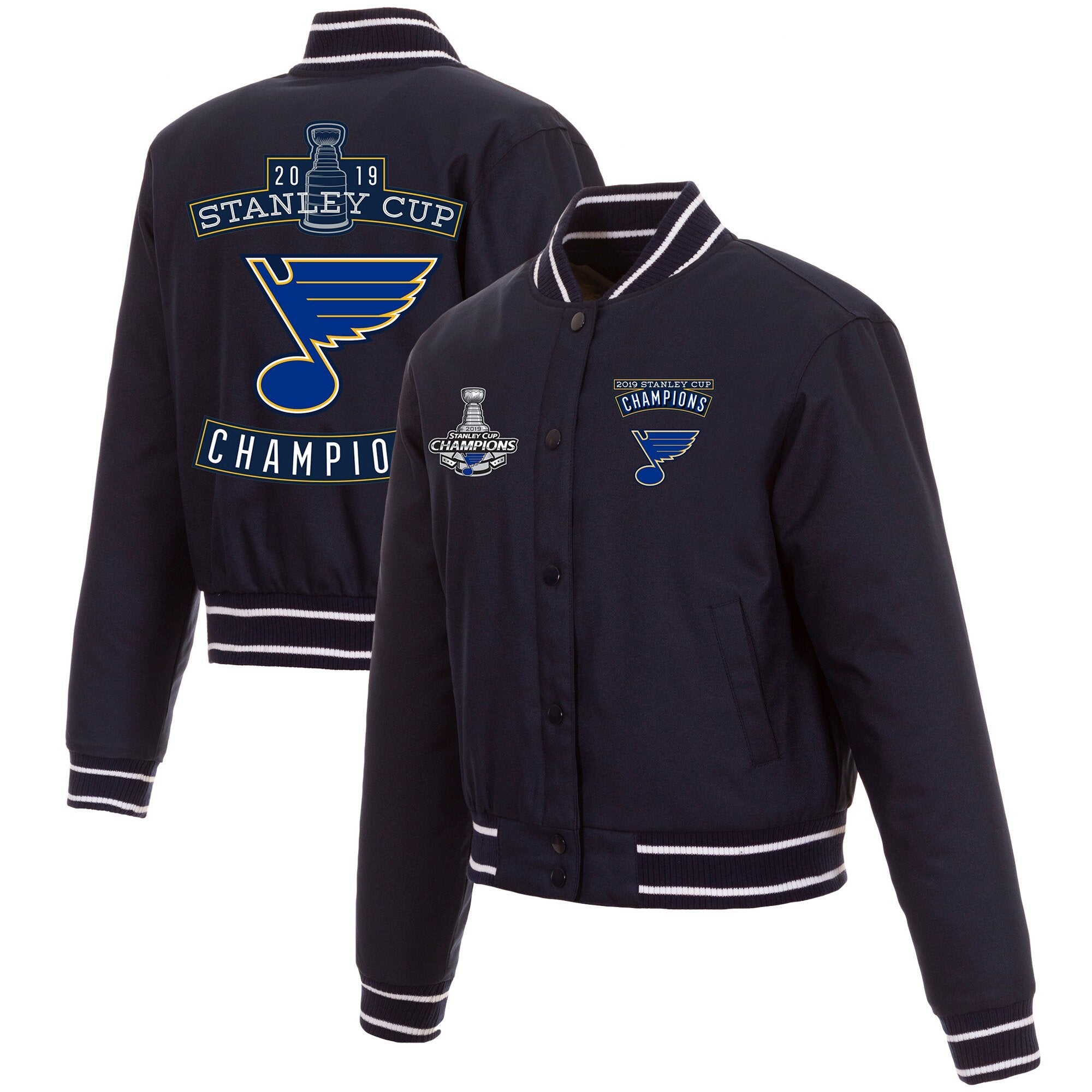 J.H. Sports Jackets St. Louis Blues JH Design Women's 2019 Stanley Cup Champions Poly-Twill Jacket with Quilted Knit - Navy X-Large / Navy